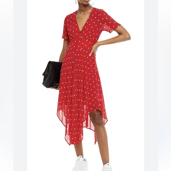 MAJE Raola embroidered crepe dress Size 36 Red Polka Dot Asymmetrical Skirt - Picture 1 of 17